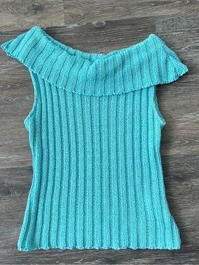 Sleeveless Ribbed Off-Shoulder Sweater Tank - Aqua